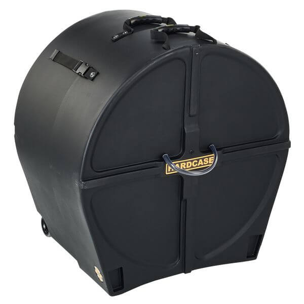 Hardcase 22 inch bass drum case with wheels and pull handle for easy mobility.