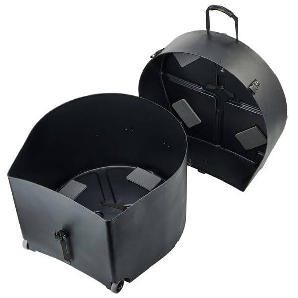 Hardcase 22 inch bass drum case featuring wheels and a pull handle for easy mobility.