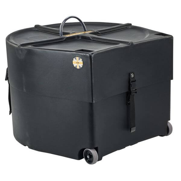 Hardcase 22 inch bass drum case featuring wheels and a pull handle for easy mobility.