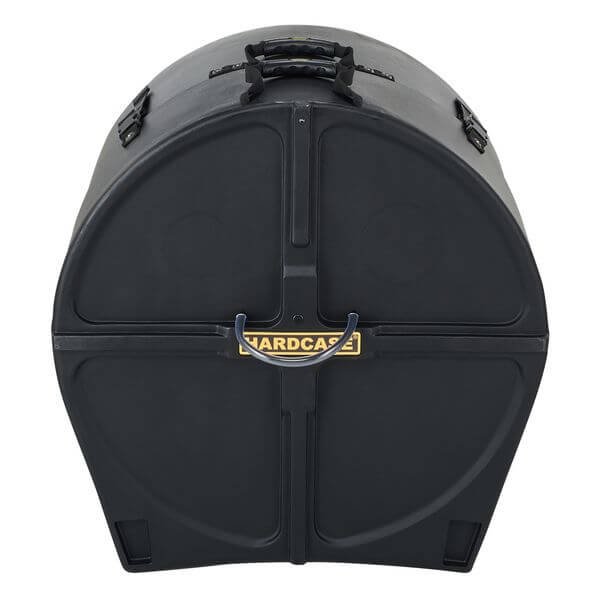 Hardcase 22 inch bass drum case featuring wheels and a pull handle for easy mobility.