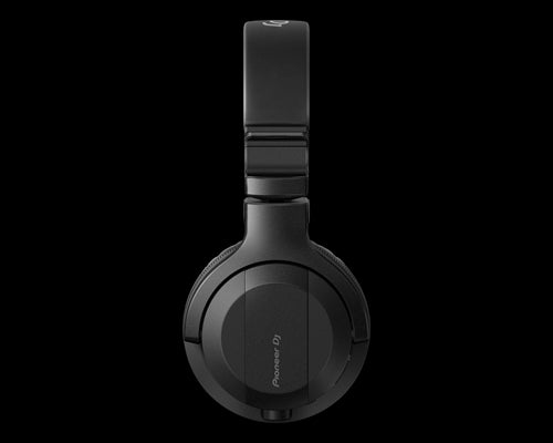 Pioneer HDJ-CUE1BT-K stylish black Bluetooth on-ear DJ headphones with pro-quality sound, side view.