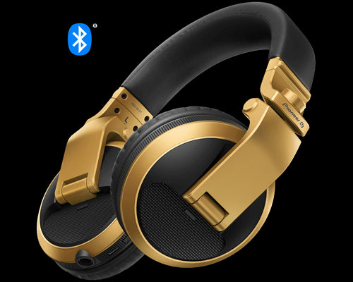 Pioneer HDJ-X5BT-N wireless over-ear DJ headphones in gold color with Bluetooth logo.