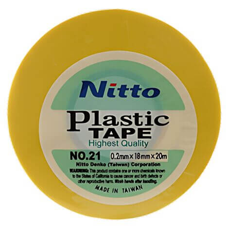 Nitto Electrical Insulation Tape Type 21 in yellow, 0.2mm thick, 18mm wide, and 20m long, displayed in a detailed view.