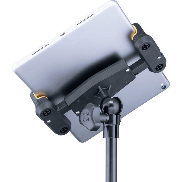 HERCULES STANDS DG307B 2-IN-1 TABLET AND PHONE HOLDER displayed in a home and studio setting.