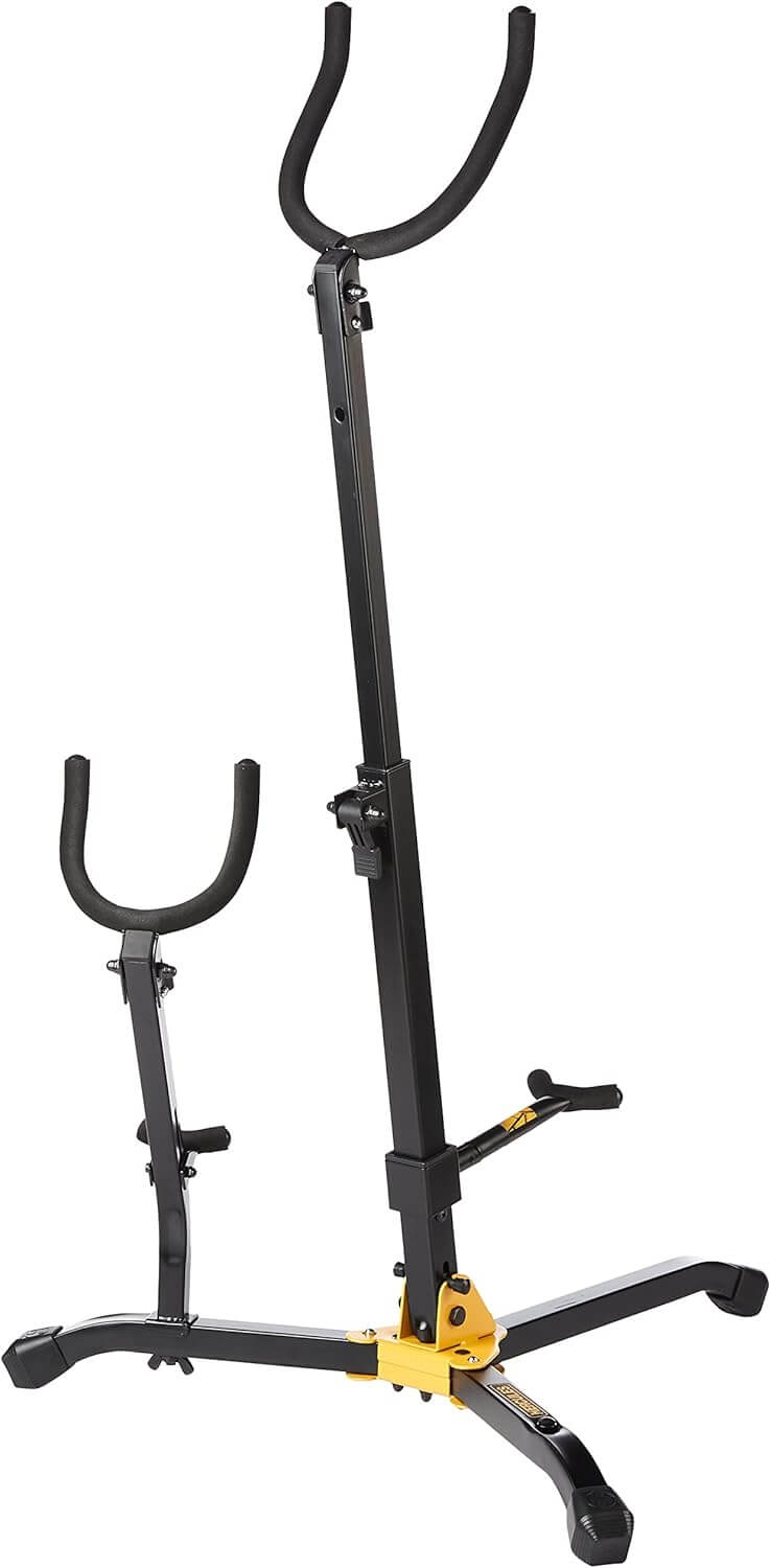 HERCULES STANDS DS536B Baritone Saxophone Stand with adjustable and compact design, featuring an Alto/Tenor peg.
