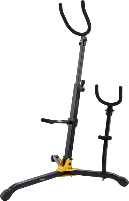 HERCULES STANDS DS536B Baritone Saxophone Stand with adjustable and compact design, featuring an Alto/Tenor peg.