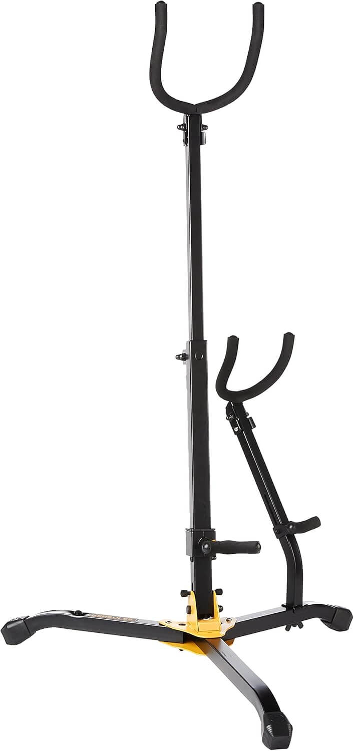 HERCULES STANDS DS536B Baritone Saxophone Stand with Alto/Tenor Peg, showcasing its adjustable and compact design.