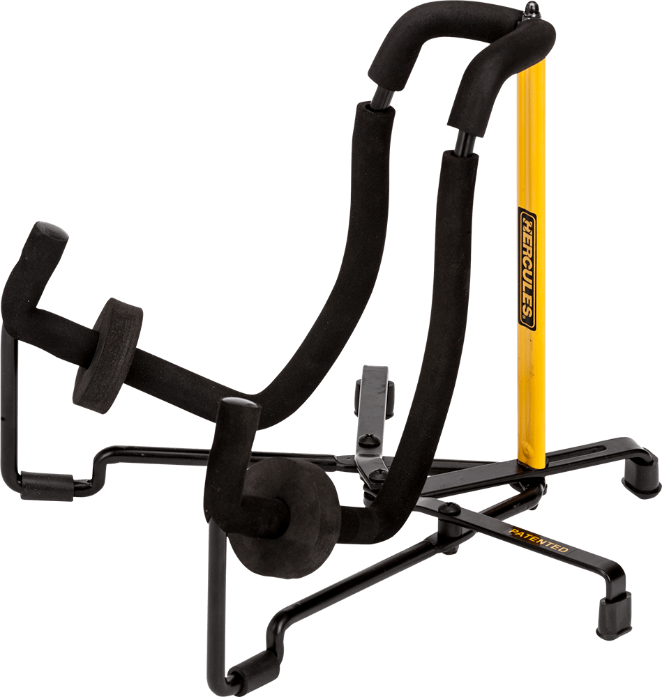 HERCULES STANDS GS303B TravLite Folk Instrument Stand designed for holding banjos, mandolins, ukuleles, and violins, showcasing its compact and sturdy design.