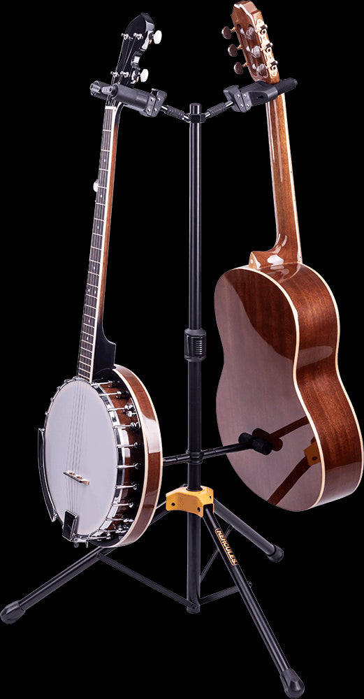 Hercules GS422B Auto Grip Duo Guitar Stand PLUS displayed with a guitar, showcasing its design and functionality.