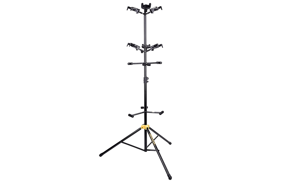 HERCULES STANDS GS526B Guitar Display Rack designed to hold up to 6 guitars, featuring an auto grip system for secure support.