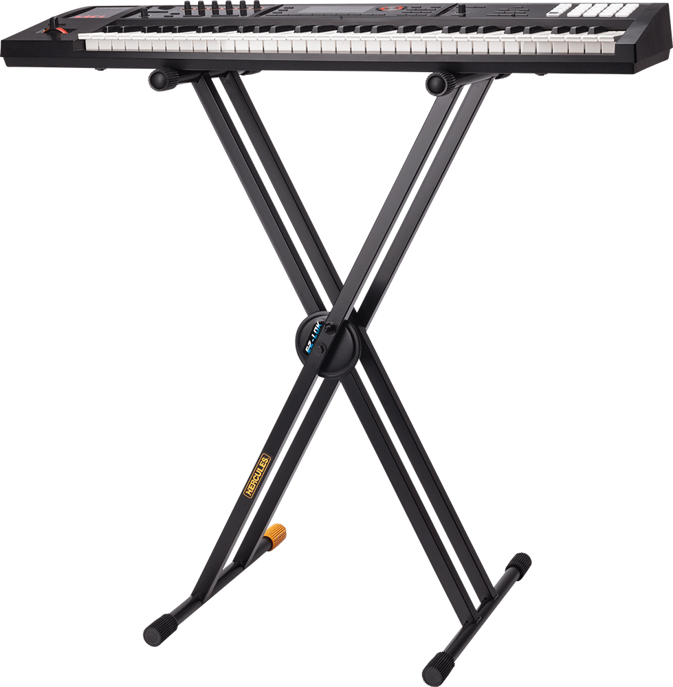 HERCULES STANDS KS120B EZ-LOK Double X Keyboard Stand, showcasing its adjustable and sturdy design.