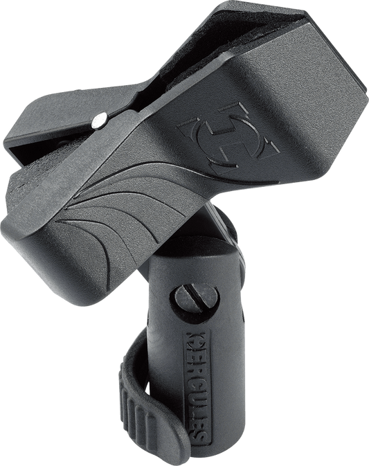 Adjustable microphone clip designed for 20-35mm microphones, featuring a sturdy build and ergonomic design.