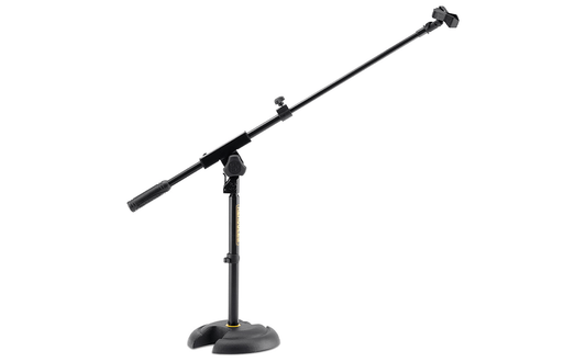 HERCULES STANDS MS120B Low Profile H Base Microphone Stand with telescopic boom and mic clip, ideal for studio and live performances.