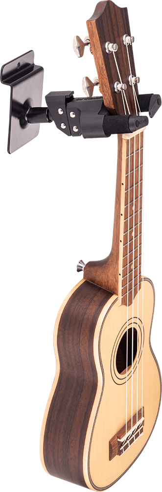 HERCULES STANDS USP10SB Auto Grip Ukulele Hanger for Slat Wall, featuring a short arm design and 16 mm insertion.