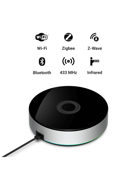 Image of the Homey Smart Home Hub showcasing its multi-protocol connectivity features including Wi-Fi, Zigbee, Z-Wave Plus, and Bluetooth.