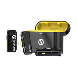 Hollyland LARK C1 DUO 2-Person Wireless Microphone System featuring two transmitters and one receiver, designed for mobile devices in black color.