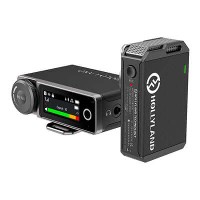 Hollyland LARK MAX SOLO Wireless Microphone System featuring a transmitter with built-in omni microphones and a receiver, displayed in black.