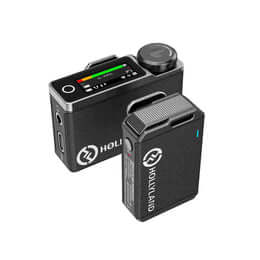 Hollyland LARK MAX SOLO Wireless Microphone System featuring a transmitter with built-in omni mics and a receiver, in black color.