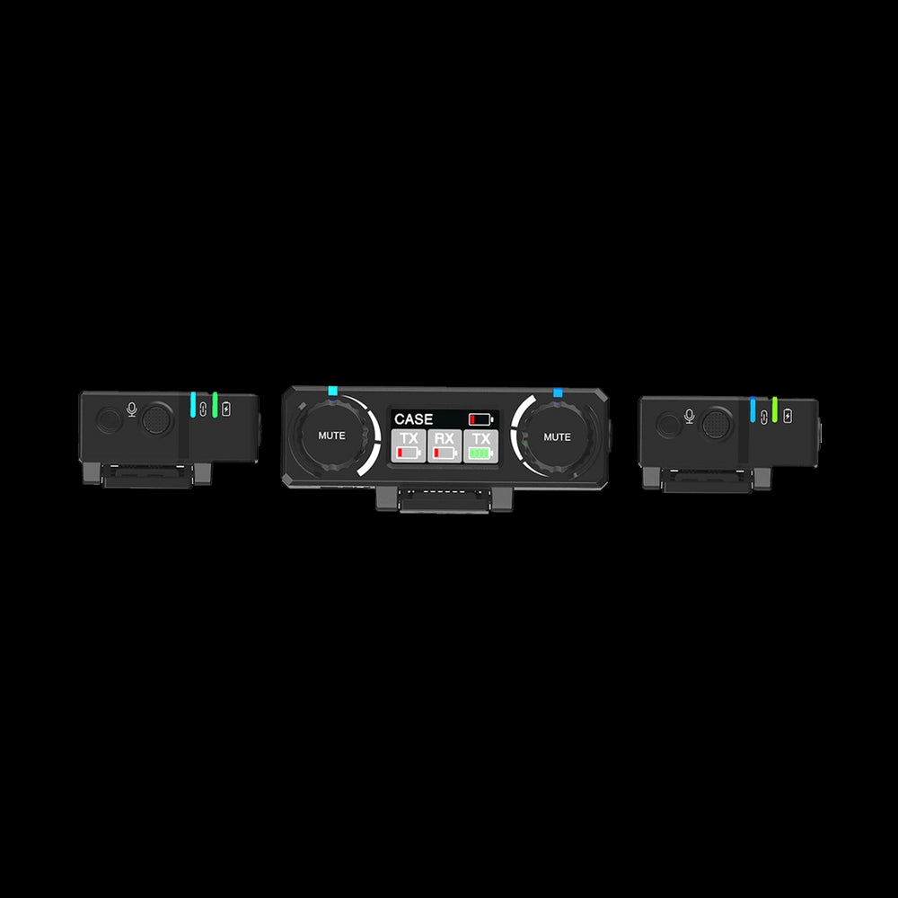 Hollyland LARK 150 1X Transmitter in black, part of a compact digital wireless microphone system for two persons.