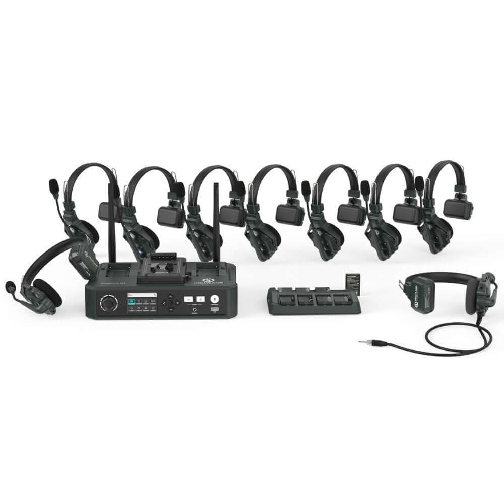Hollyland Solidcom C1-HUB8S Full-Duplex Wireless DECT Intercom System with 9 headsets and hub base.