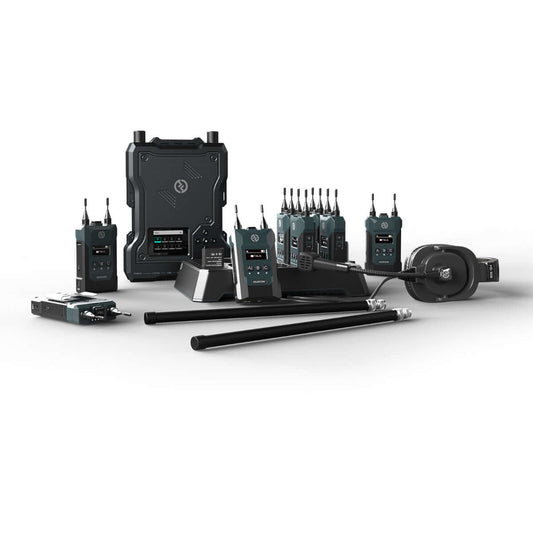 Hollyland Solidcom M1-8BP Full-Duplex Wireless Intercom System featuring 8 Beltpacks and LEMO Headsets, designed for 1.9 GHz communication.