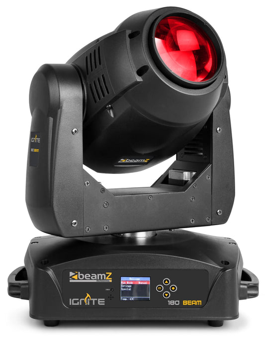 Front view of the IGNITE180B LED Beam Moving Head set featuring 2x 180W white LEDs with motorized focus and multiple DMX channels, in a solid flightcase in Red.