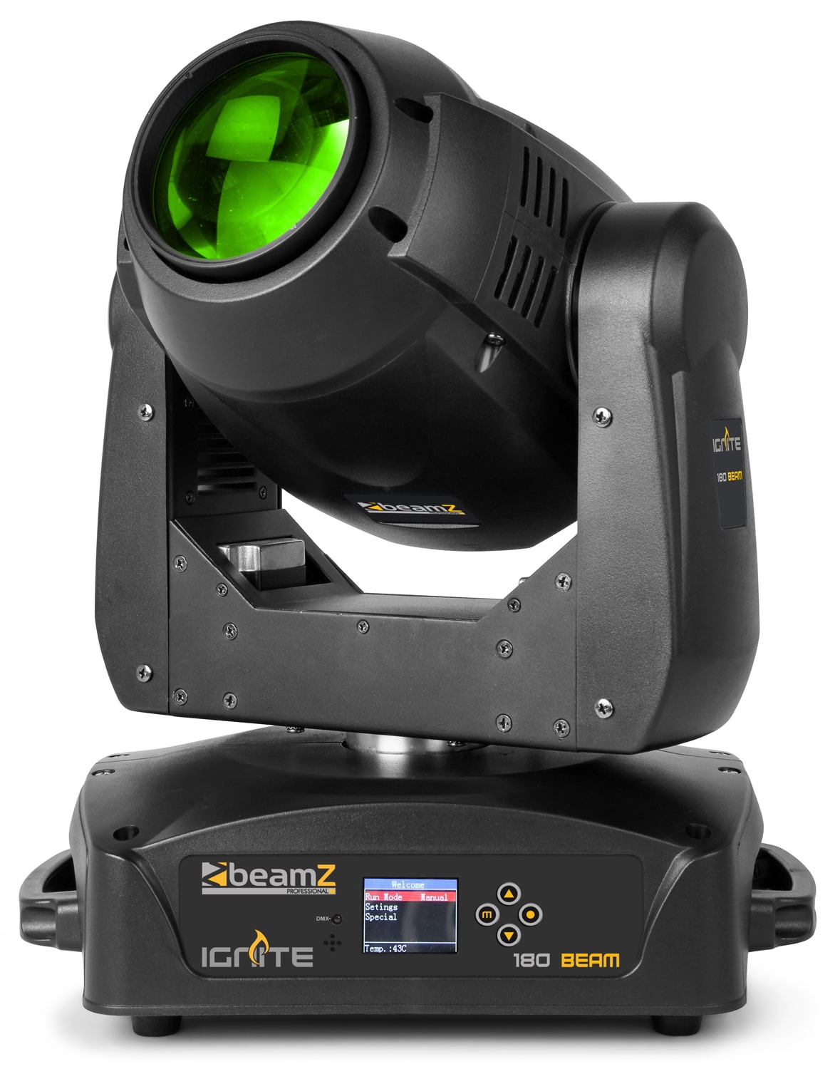 Front view of the IGNITE180B LED Beam Moving Head set featuring 2x 180W white LEDs with motorized focus and multiple DMX channels, in a solid flightcase in Green.