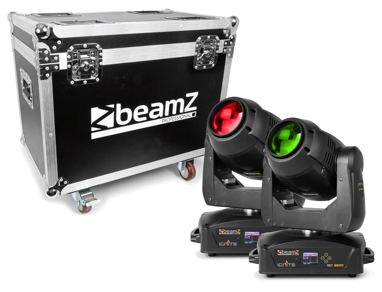 Top view of the IGNITE180B LED Beam Moving Head set featuring 2x 180W white LEDs with motorized focus and multiple DMX channels, in a solid flightcase.