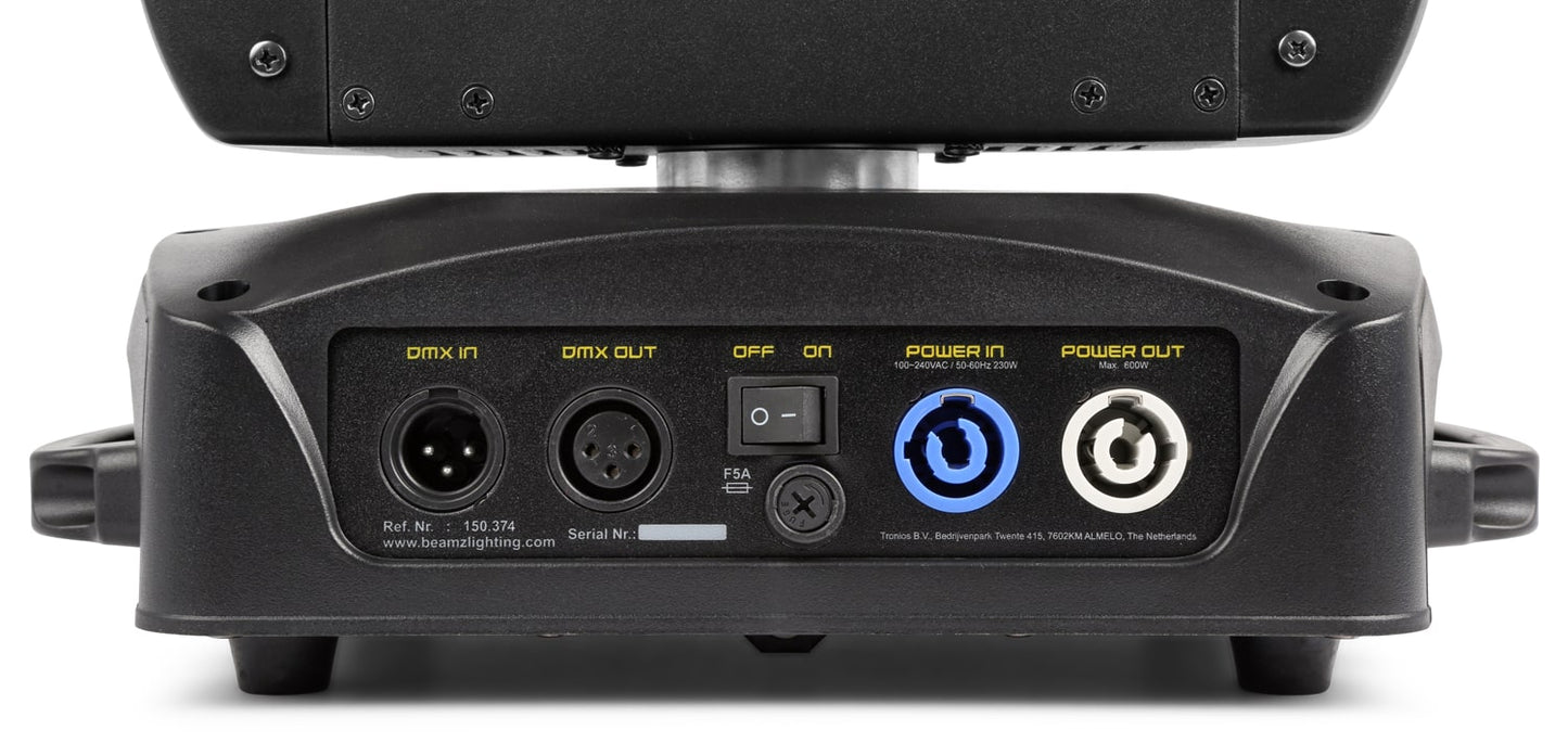 Back view of the IGNITE180B LED Beam Moving Head set featuring 2x 180W white LEDs with motorized focus and multiple DMX channels, in a solid flightcase.