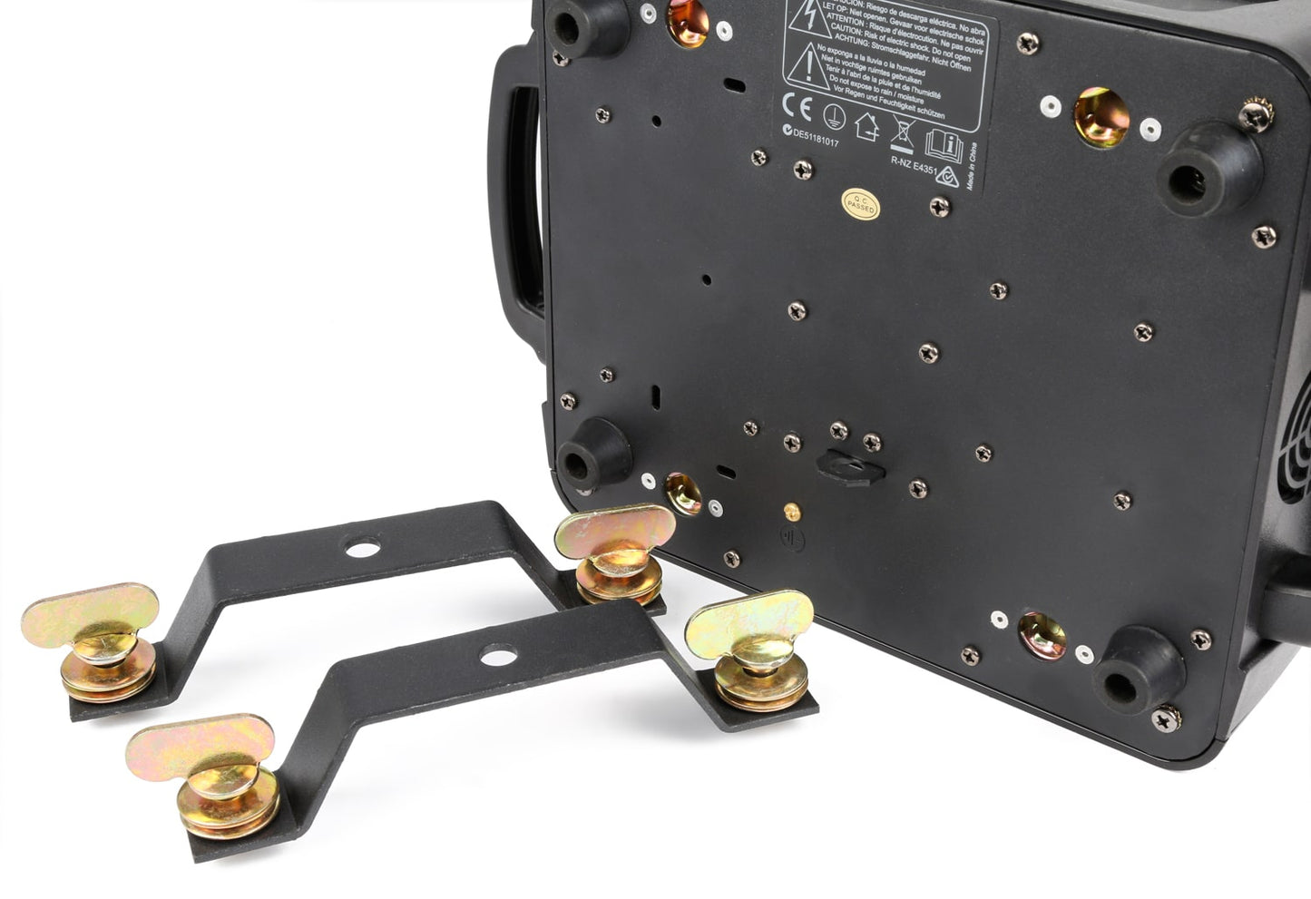 Top view of the mounting brackets for the IGNITE180B LED Beam Moving Head set featuring 2x 180W white LEDs with motorized focus and multiple DMX channels, in a solid flightcase.