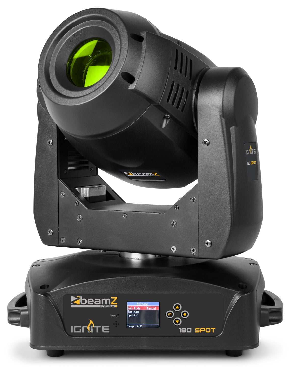 Front view of the IGNITE180S LED Spot Moving Head set featuring 2x 180W white LEDs, motorized focus, and multiple DMX channels, in a solid flightcase in Green.