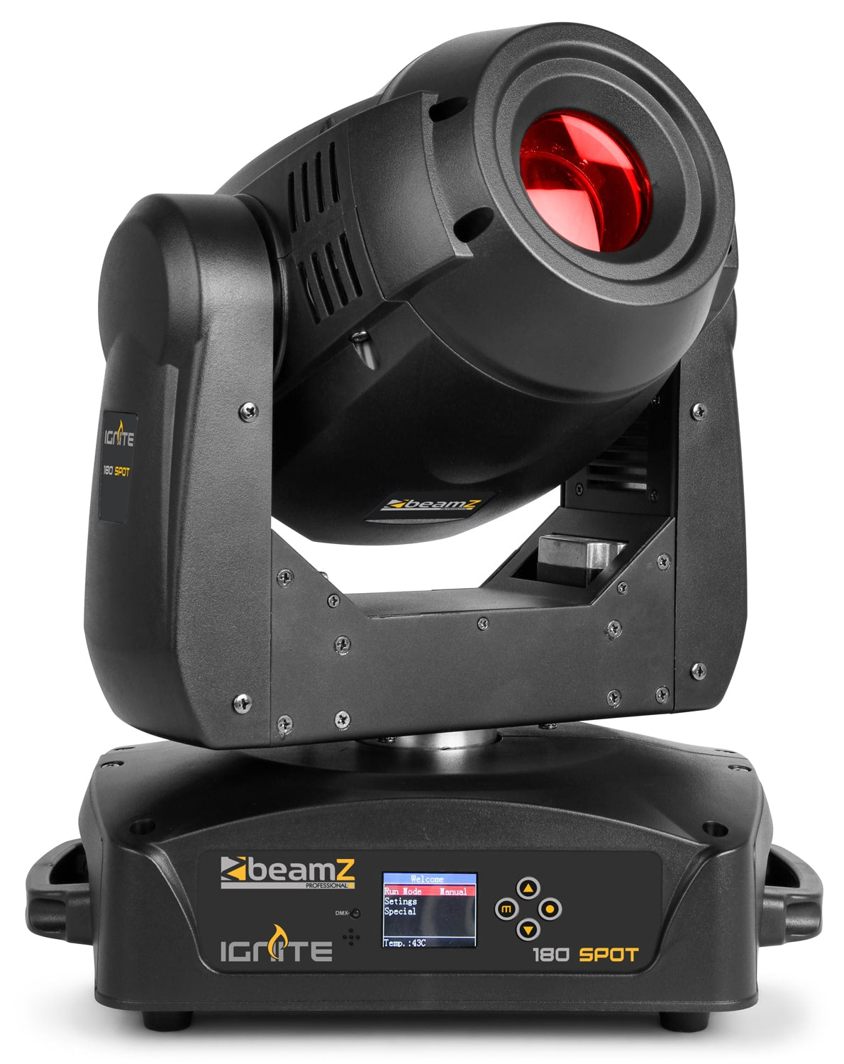 Front view of the IGNITE180S LED Spot Moving Head set featuring 2x 180W white LEDs, motorized focus, and multiple DMX channels, in a solid flightcase in Red.