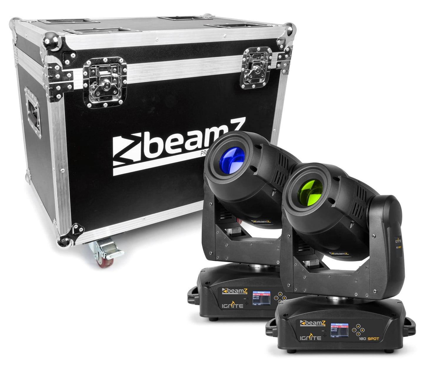 Top view of the IGNITE180S LED Spot Moving Head set featuring 2x 180W white LEDs, motorized focus, and multiple DMX channels, in a solid flightcase.
