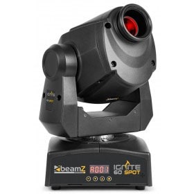 Front view of the IGNITE60 LED Moving Head Spot featuring a 60W white LED with rotating gobos and multiple DMX channels.
