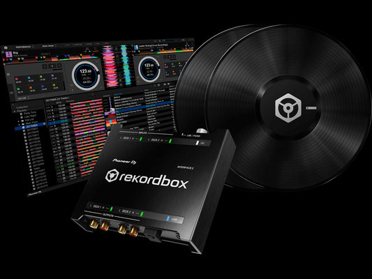 Pioneer INTERFACE-2 2-Channel Audio Interface designed for Rekordbox DVS Control, featuring a sleek design and professional connectivity options.