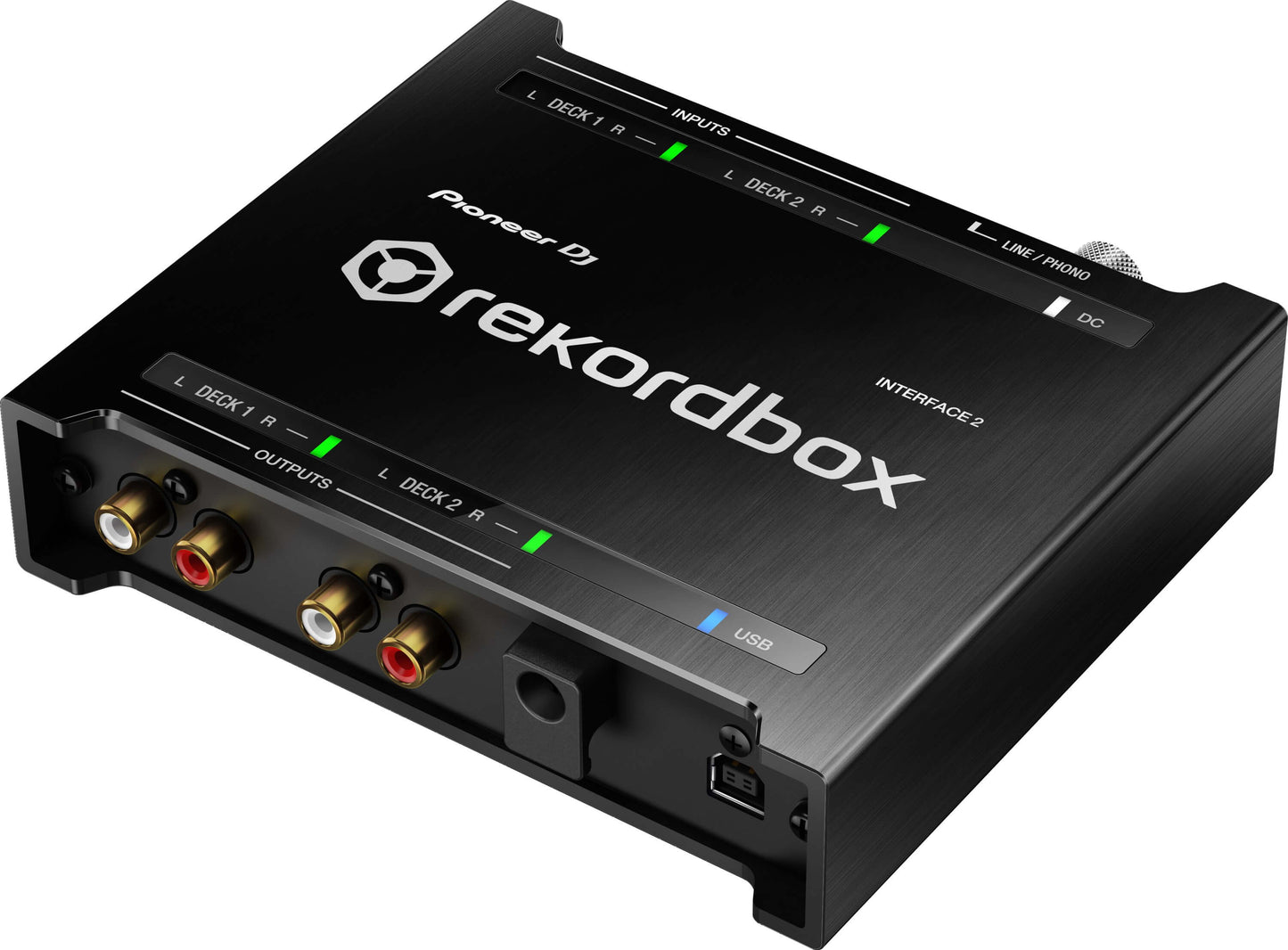 Pioneer INTERFACE-2 2-Channel Audio Interface for Rekordbox DVS Control, angled view showcasing the device's design and features.