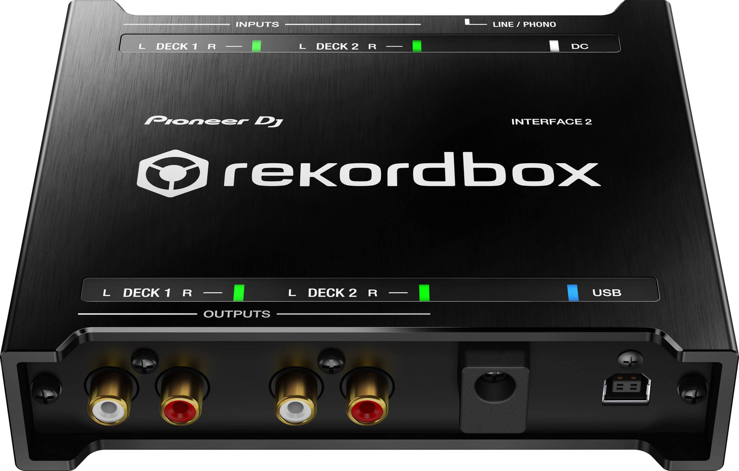 Pioneer INTERFACE-2 2-Channel Audio Interface designed for Rekordbox DVS Control, showing a front angle view.