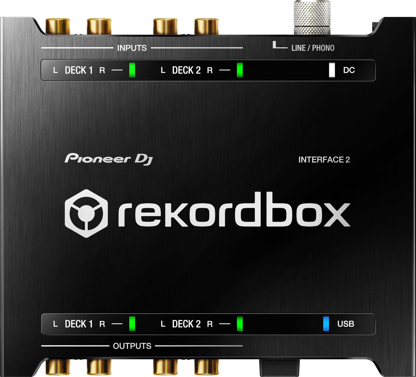 Pioneer INTERFACE-2 2-Channel Audio Interface designed for Rekordbox DVS Control, featuring a sleek design and professional audio connectivity.
