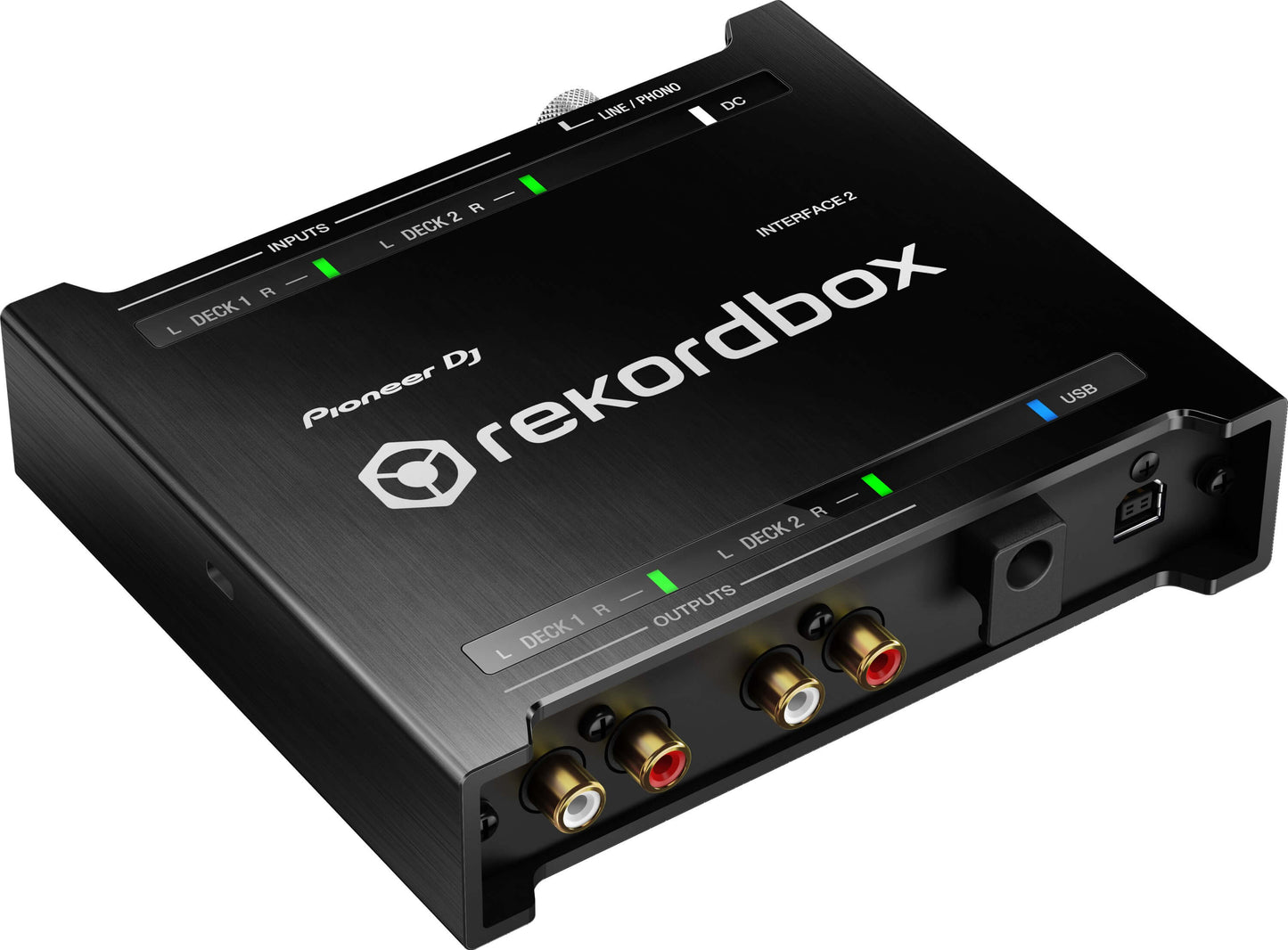 Pioneer INTERFACE-2 2-Channel Audio Interface for Rekordbox DVS Control, showing a right-angle view of the device.