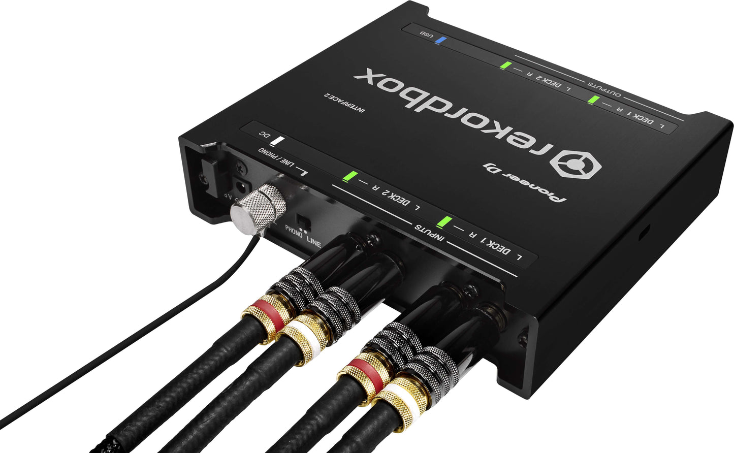 Pioneer INTERFACE-2 2-Channel Audio Interface showing the back view with cables connected.