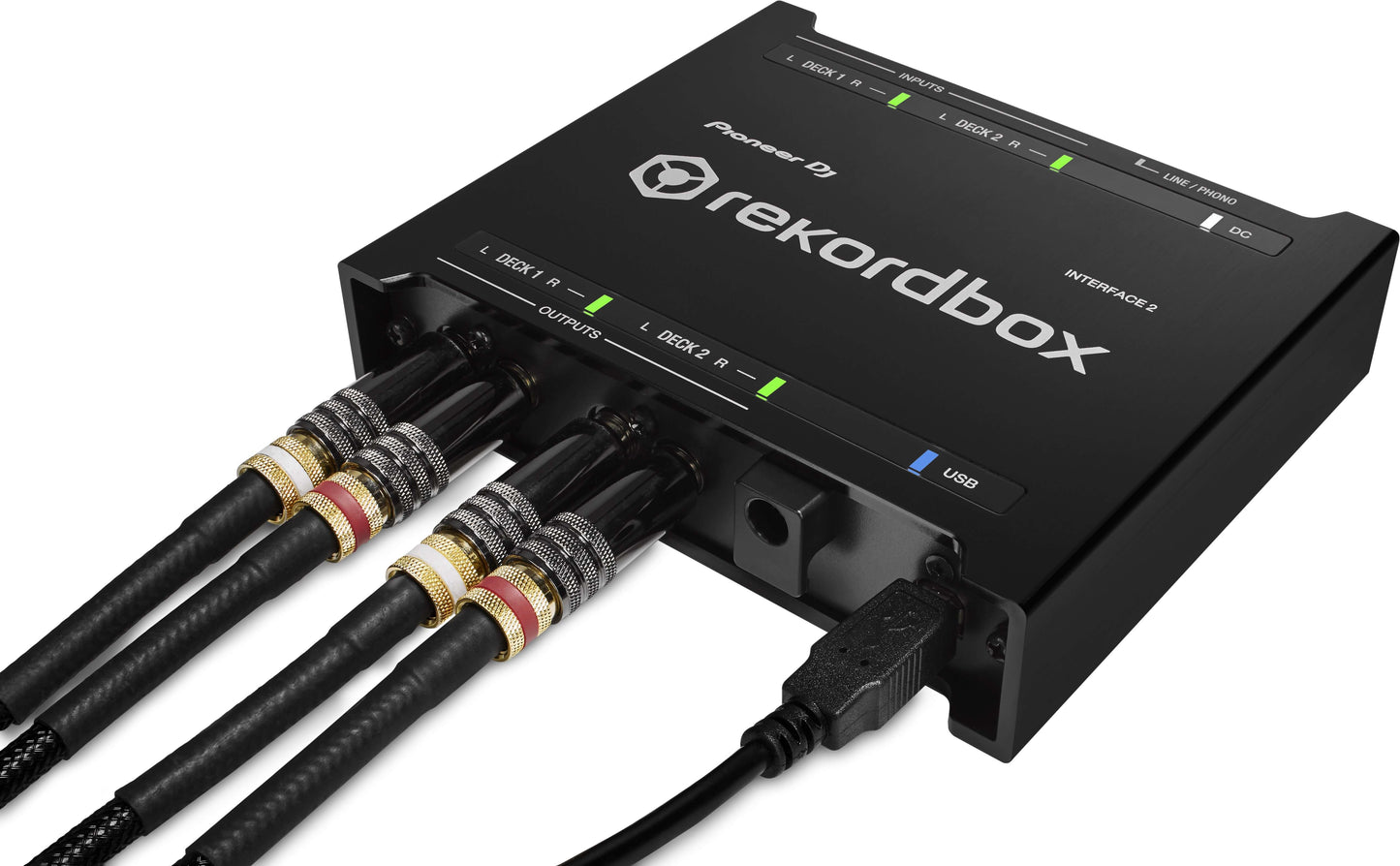 Pioneer INTERFACE-2 2-Channel Audio Interface for Rekordbox DVS Control, showing a three-quarter front view with cables.