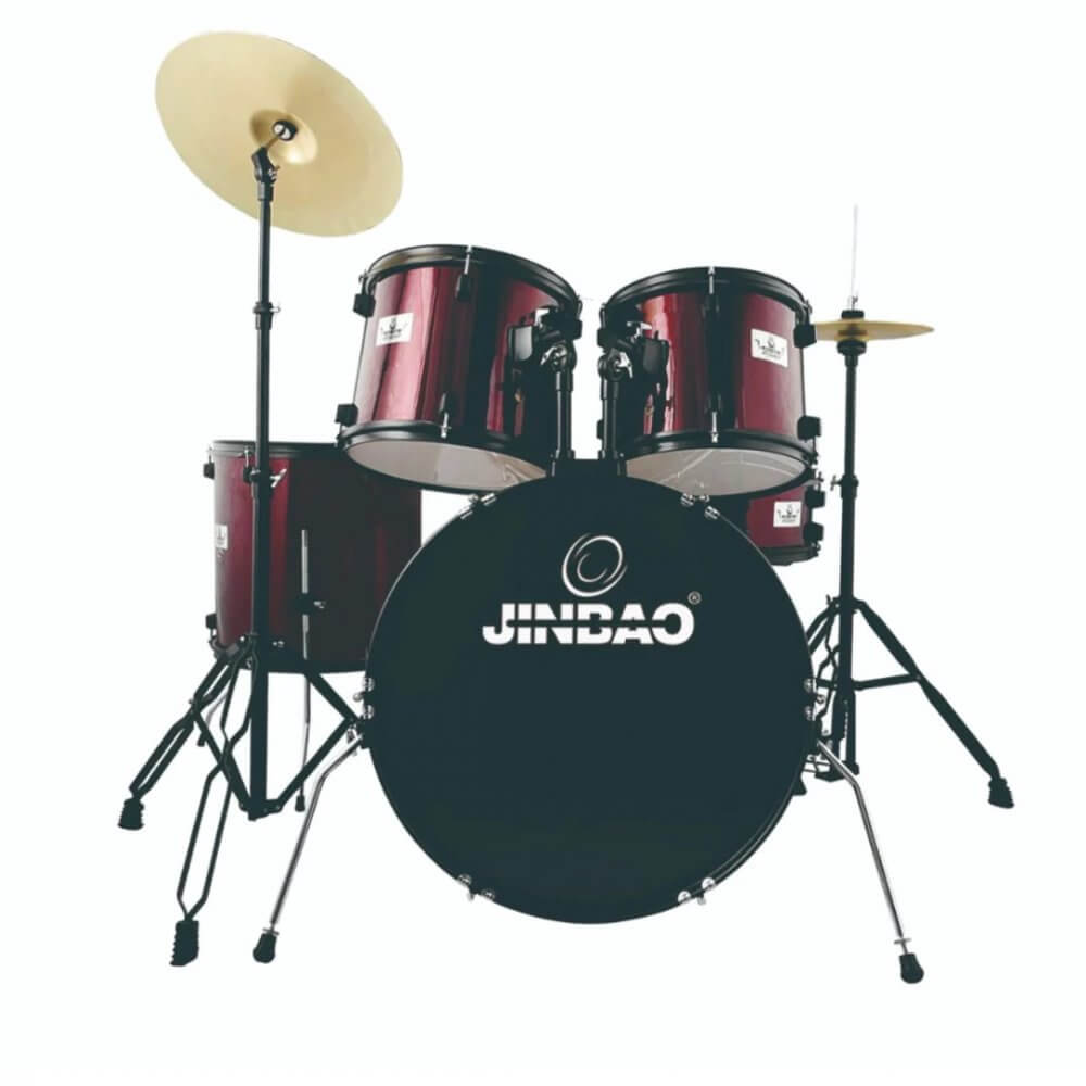Jinbao 5-Piece Complete Drum Set in Wine Red with hardware, cymbals, and throne.