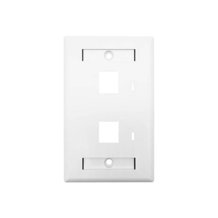 Image of a Linkbasic dual port faceplate measuring 115x70mm, designed for easy installation.