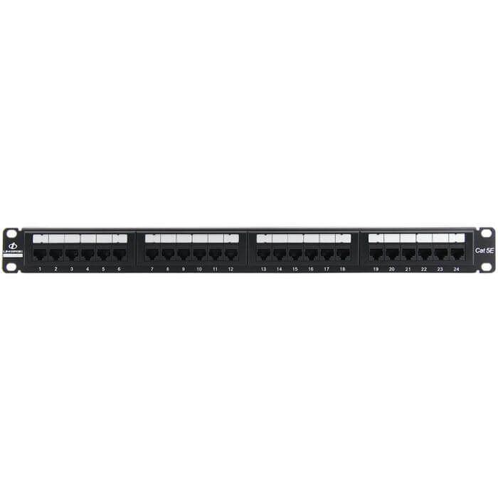 Linkbasic 24-Port Cat5e Rack Mount Patch Panel showing multiple Ethernet ports for network connectivity.