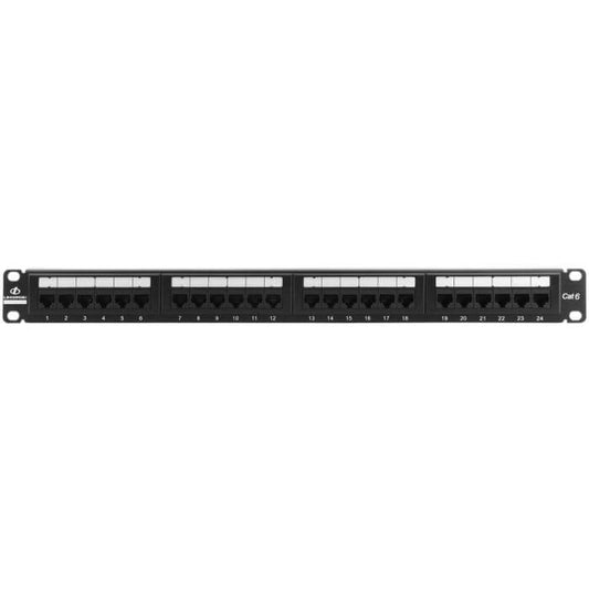 Linkbasic 24-Port Cat6 Rack Mount Patch Panel showcasing multiple ports for network connections.