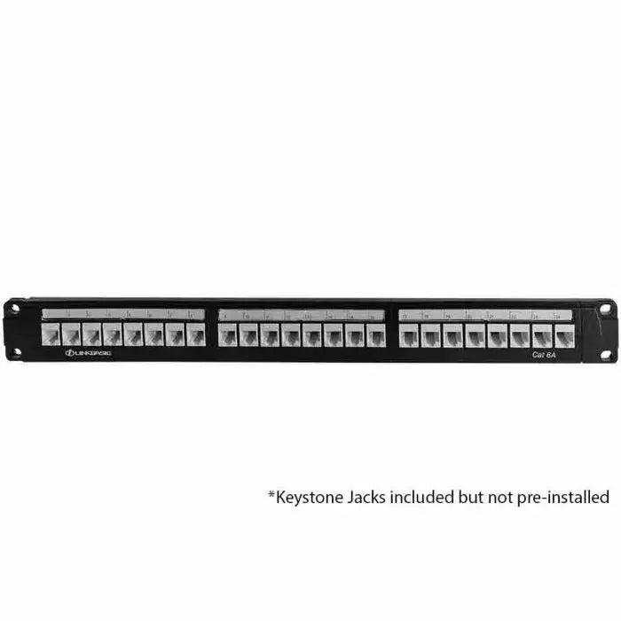 Image of a Linkbasic 24-Port Cat6 Rack Mount Patch Panel showing its ports and design.