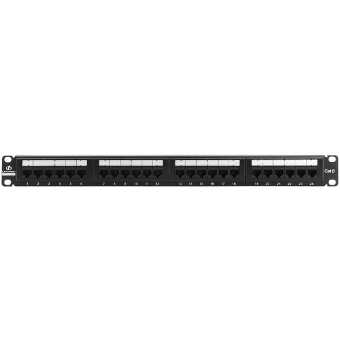 Linkbasic 24-Port Cat6a Rack Mount Patch Panel showcasing multiple Ethernet ports for network connectivity.