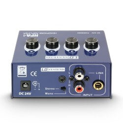 Image of the LD Systems 4-channel headphone amplifier, showcasing its sleek design and multiple input options.