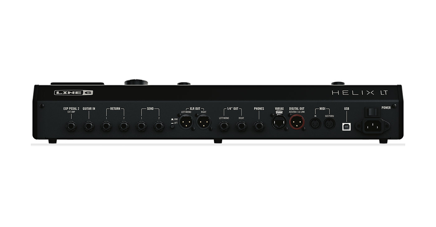 Back view of the Line 6 Helix multi-effects guitar processor showcasing its connectivity and design.