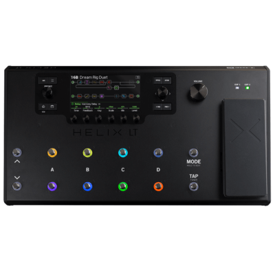 Image of the Line 6 Helix multi-effects guitar processor showcasing its front panel with various controls and display.